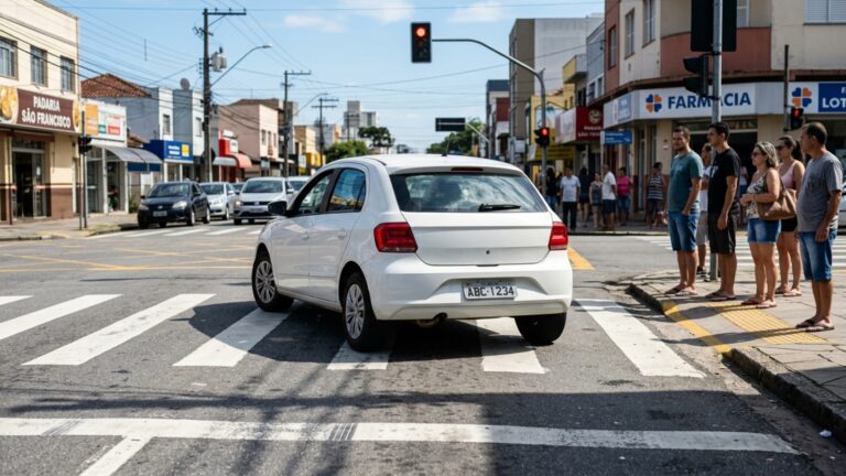 Motorista entra no cruzamento com sinal verde, congestionamento impede a passagem e carro termina parado sobre a faixa de pedestres