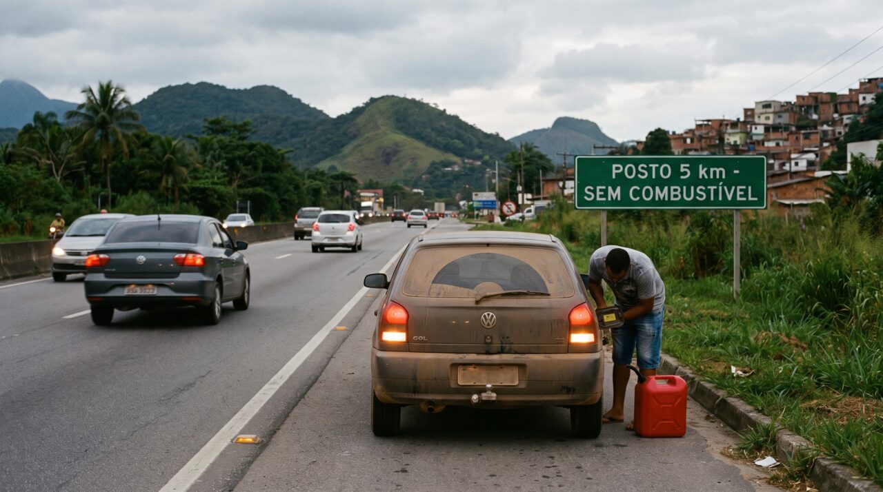 Casal esquece de abastecer antes de pegar a estrada, sofre pane seca no meio de rodovia movimentada e tem o veículo guinchado após receber notificação