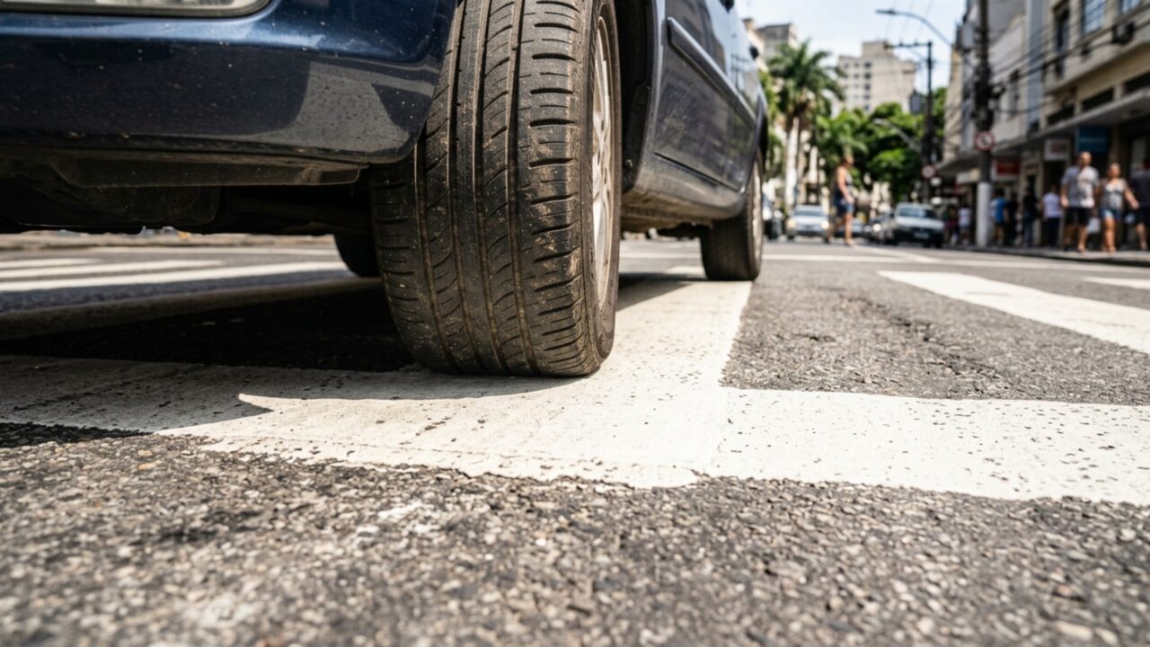 Motorista entra no cruzamento com sinal verde, congestionamento impede a passagem e carro termina parado sobre a faixa de pedestres
