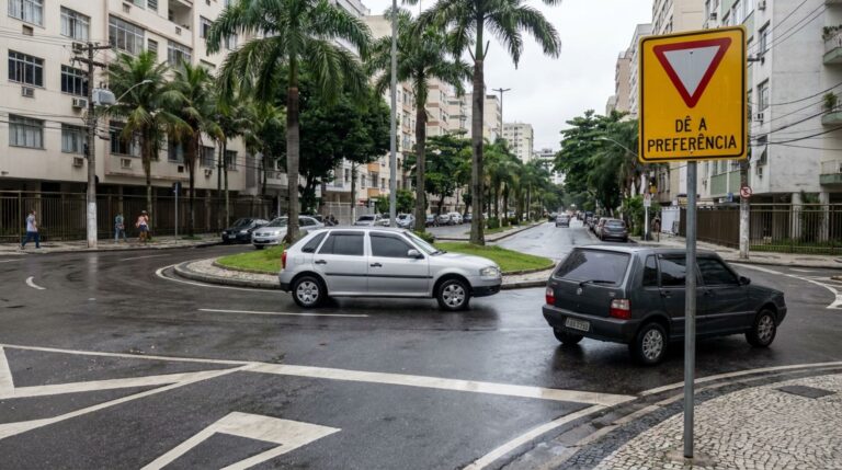 Motorista chega à rotatória ao mesmo tempo que outro carro, acredita que quem vem pela direita passa primeiro e descobre quem realmente tem a preferência