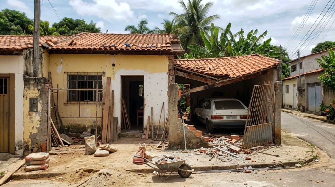 Novo proprietário derruba o portão lateral para ampliar a fachada e descobre que o pilar sustentava a cobertura da garagem do vizinho, danificando a estrutura