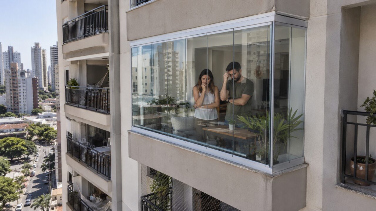 Casal fecha varanda com vidro para diminuir poeira e, meses depois, condomínio afirma que estrutura alterou a fachada e precisa ser removida