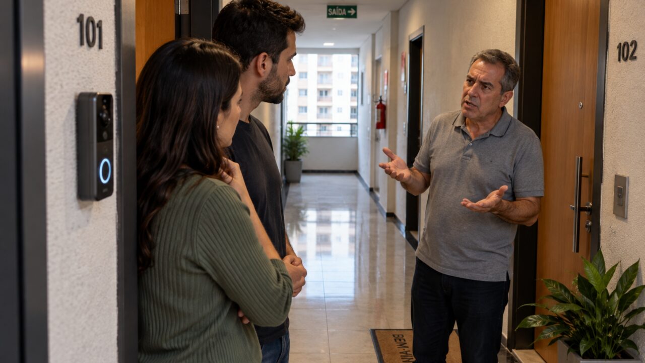 Casal instala câmera na campainha e vizinho reclama que equipamento registra todas as conversas feitas diante da porta de seu apartamento