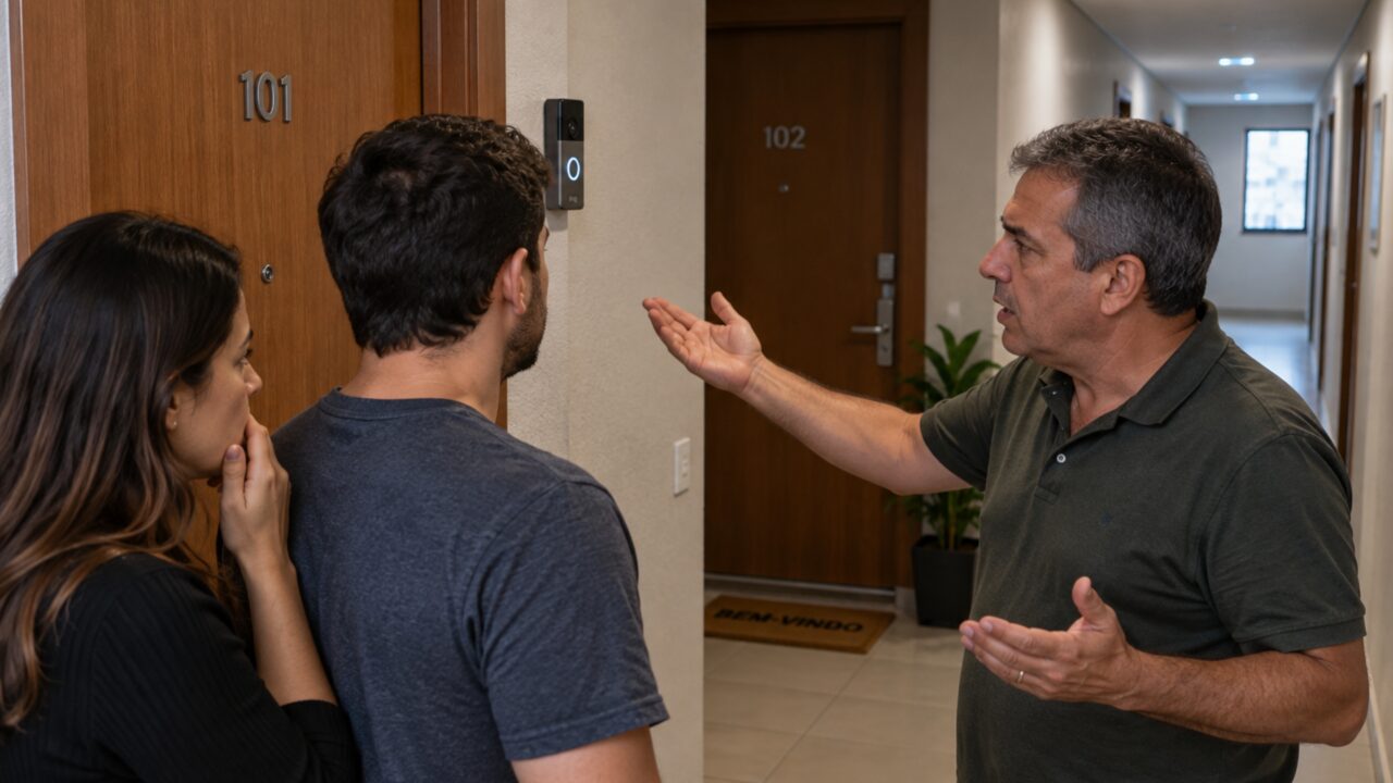 Casal instala câmera na campainha e vizinho reclama que equipamento registra todas as conversas feitas diante da porta de seu apartamento