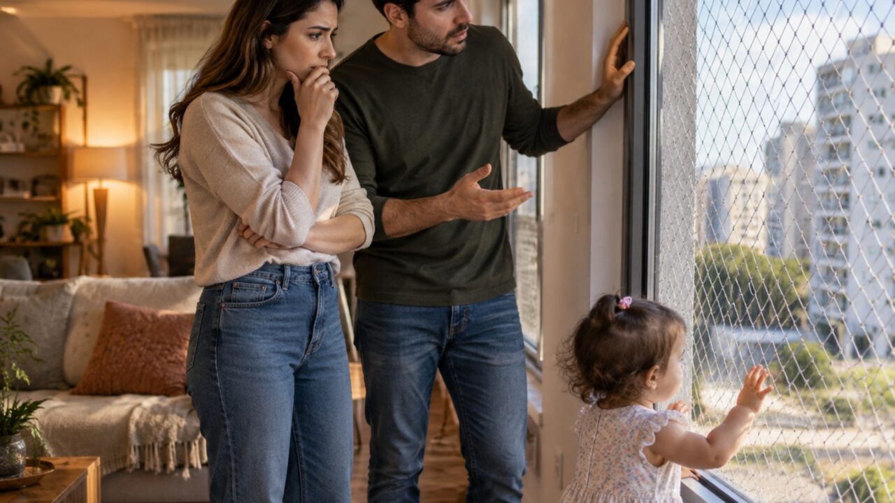 Casal instala tela de proteção em todas as janelas depois que filha começa a andar pela casa e condomínio questiona modelo usado justamente por causa da fachada