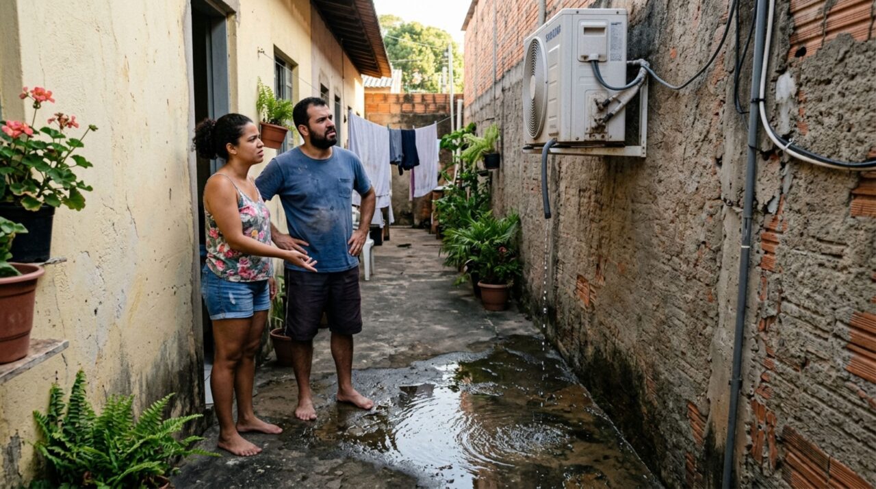 Vizinho coloca ar-condicionado na parede lateral e casal percebe que a água do aparelho pinga diariamente dentro de seu corredor, moradores discutem quem precisa mudar a instalação