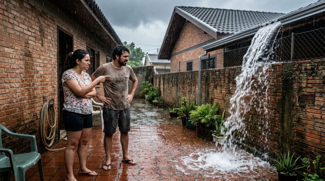 Casal percebe que a água do telhado novo do vizinho passou a cair dentro de seu quintal e moradores discutem quem deve alterar a calha