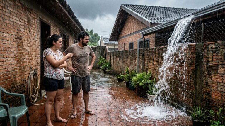 Casal percebe que a água do telhado novo do vizinho passou a cair dentro de seu quintal e moradores discutem quem deve alterar a calha