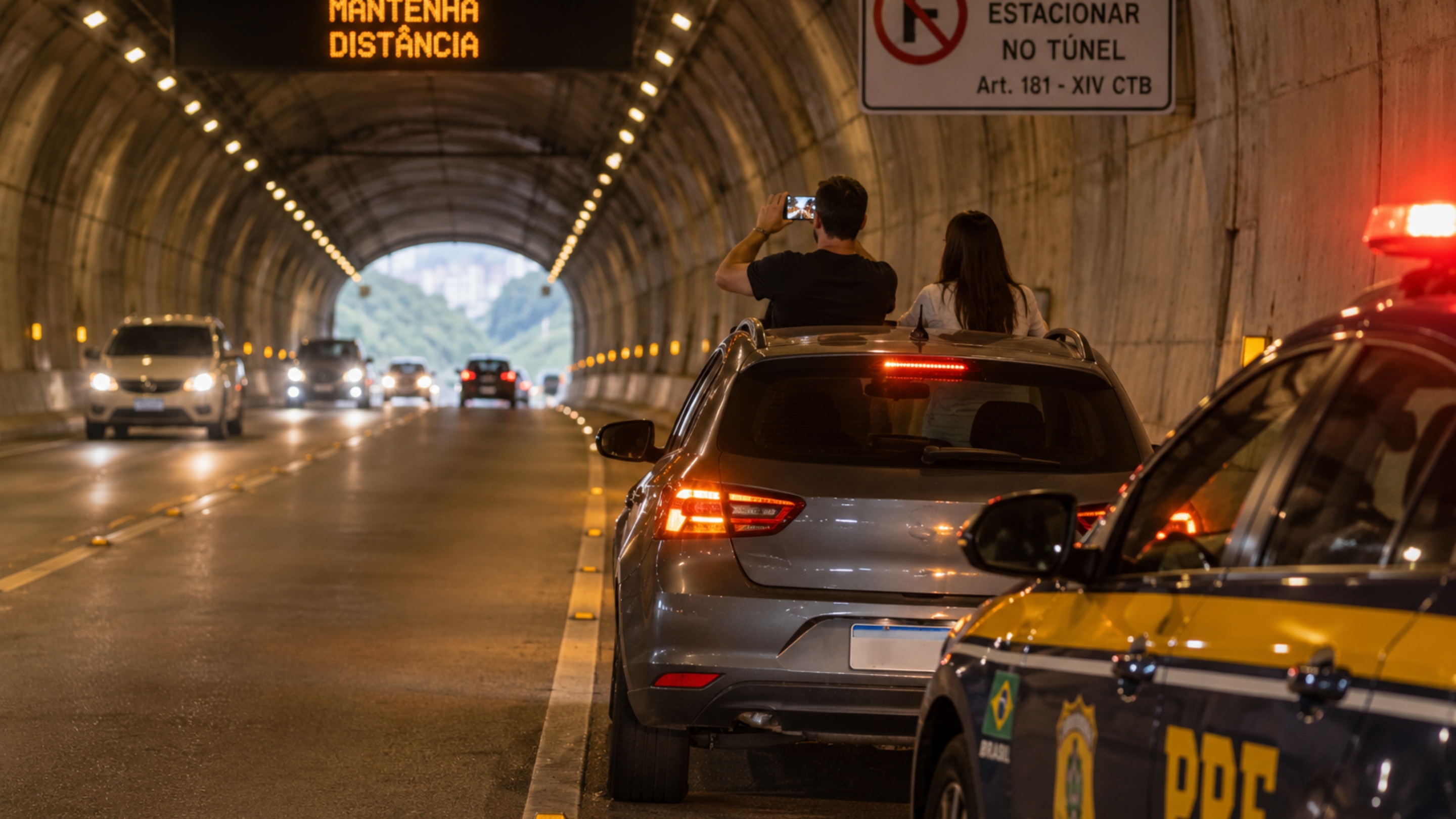 Casal para o carro dentro de um túnel para fotografar a paisagem, permanece no local por menos de um minuto e acaba surpreendido pela fiscalização