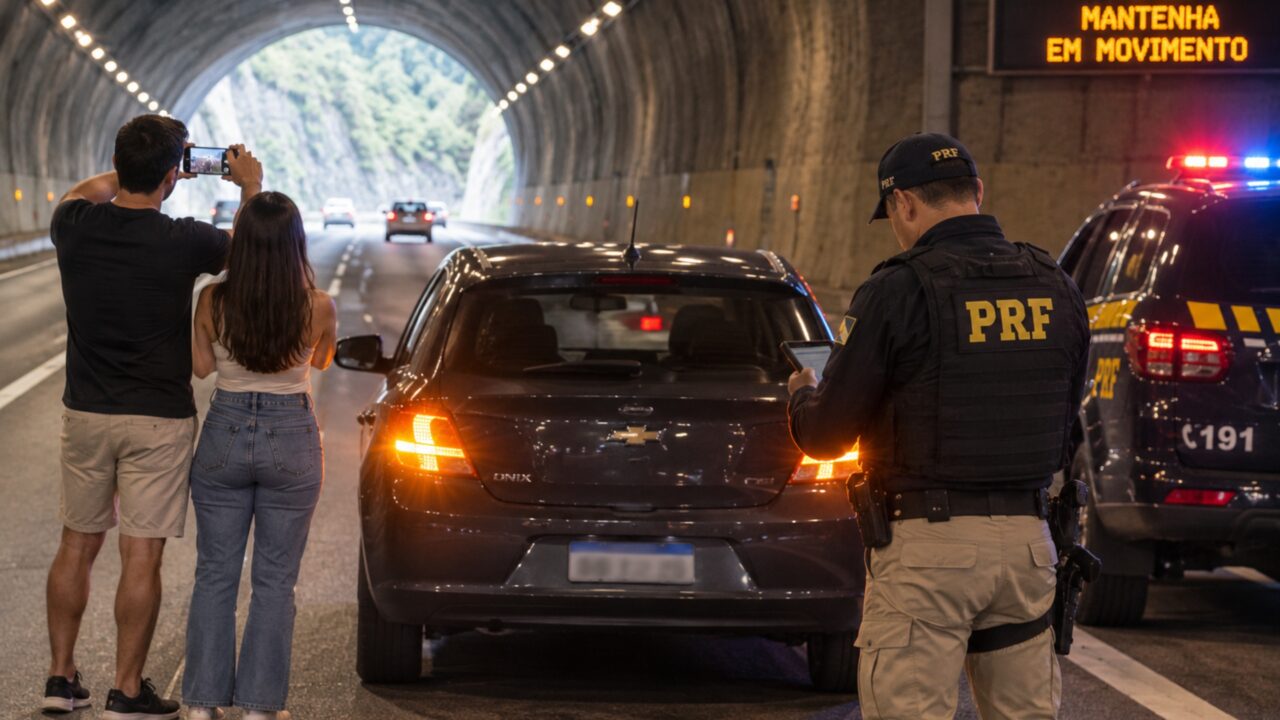 Casal para o carro dentro de um túnel para fotografar a paisagem, permanece no local por menos de um minuto e acaba surpreendido pela fiscalização