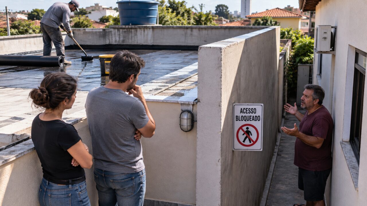 Casal paga para impermeabilizar laje e vizinho reclama depois que obra fechou passagem usada havia anos para manutenção de sua caixa-d’água