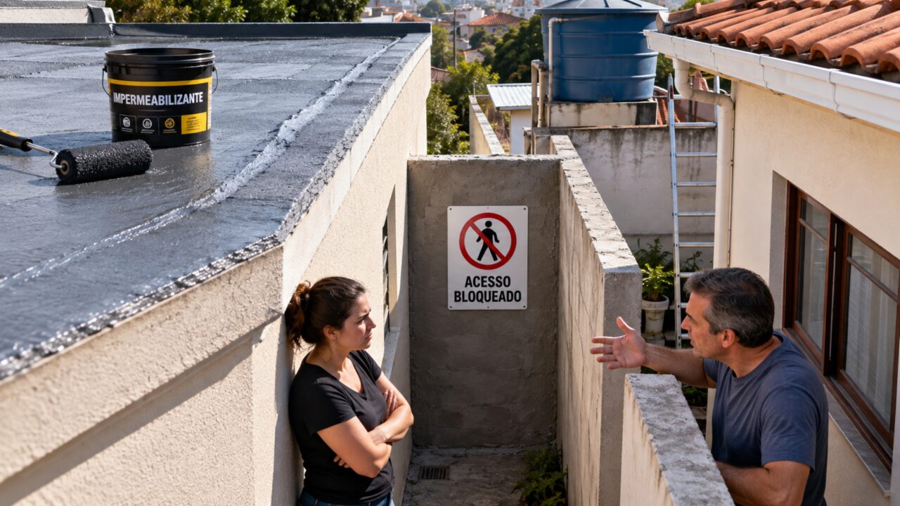 Casal paga para impermeabilizar laje e vizinho reclama depois que obra fechou passagem usada havia anos para manutenção de sua caixa-d’água