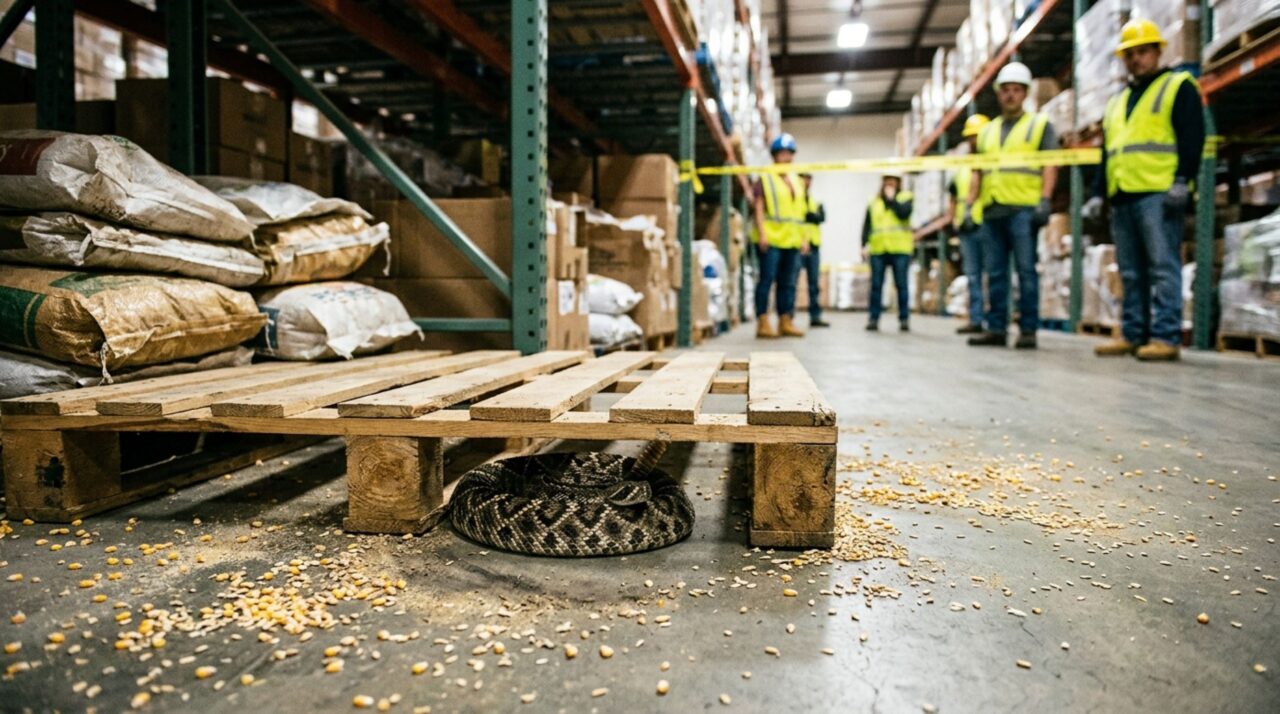 Depois de encontrar uma cascavel enrolada sob o mesmo pallet em três manhãs de uma semana, funcionário interrompe as retiradas naquele corredor, até descobrir sinais de roedores atrás de sacos antigos de ração