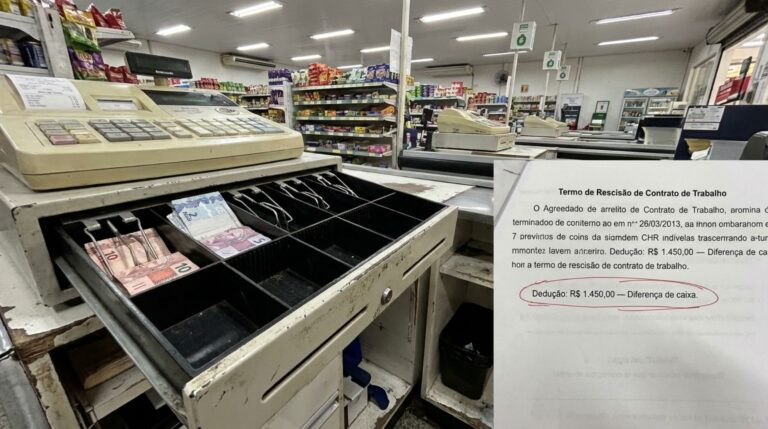 Operadora de caixa deixa supermercado e descobre desconto de R$ 1.450 na rescisão por diferença de dinheiro identificada no fechamento