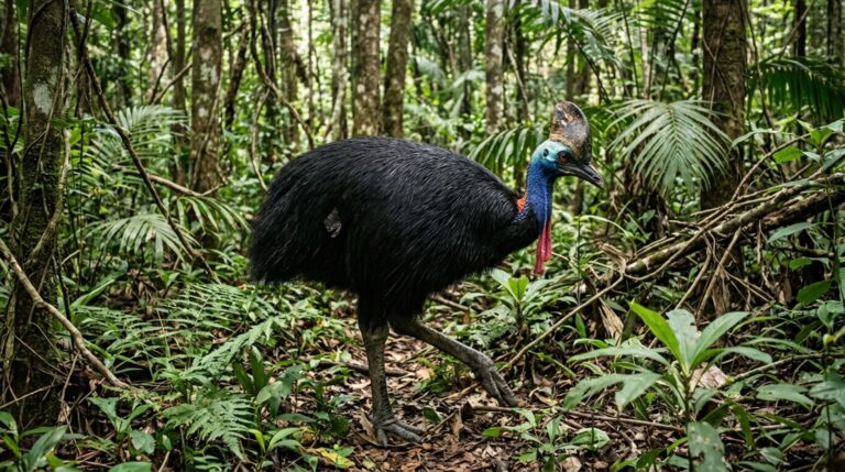 O casuar é uma grande ave terrestre adaptada a avançar pela floresta