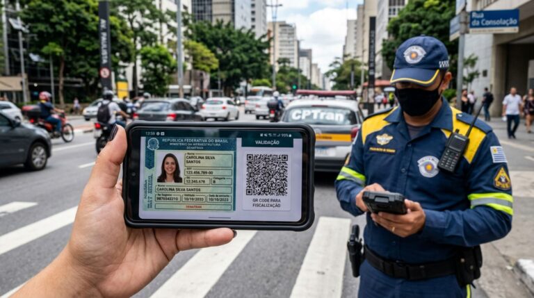 Motorista é parado na blitz de trânsito, ao ser requisitada a CNH, ele mostra uma captura de tela salva no celular, e agente pede que o documento seja aberto no aplicativo oficial, pois a forma apresentada não é aceita