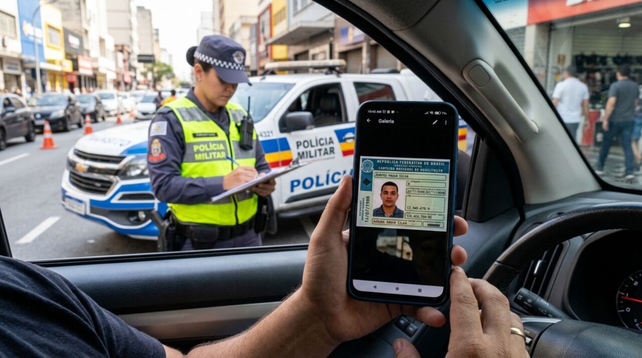 Motorista é parado em blitz, apresenta uma foto da CNH salva no celular e acredita que imagem vale como documento, agente explica por que captura de tela não substitui a versão oficial