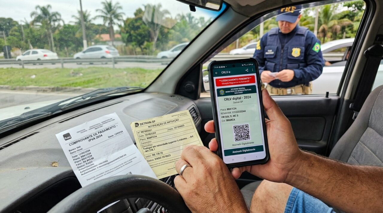 Motorista é parado em blitz, afirma que quitou o IPVA e todas as taxas do ano, fiscalização encontra multa vinculada ao veículo e condutor descobre por que um débito antigo pode impedir a regularização do licenciamento