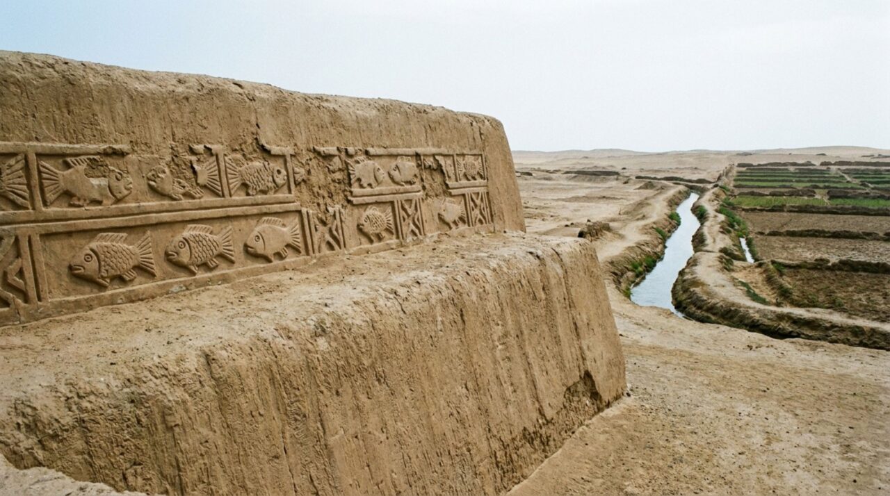 As muralhas monumentais e os sistemas de irrigação mostram como os Chimú organizaram água, produção e poder em pleno deserto costeiro peruano