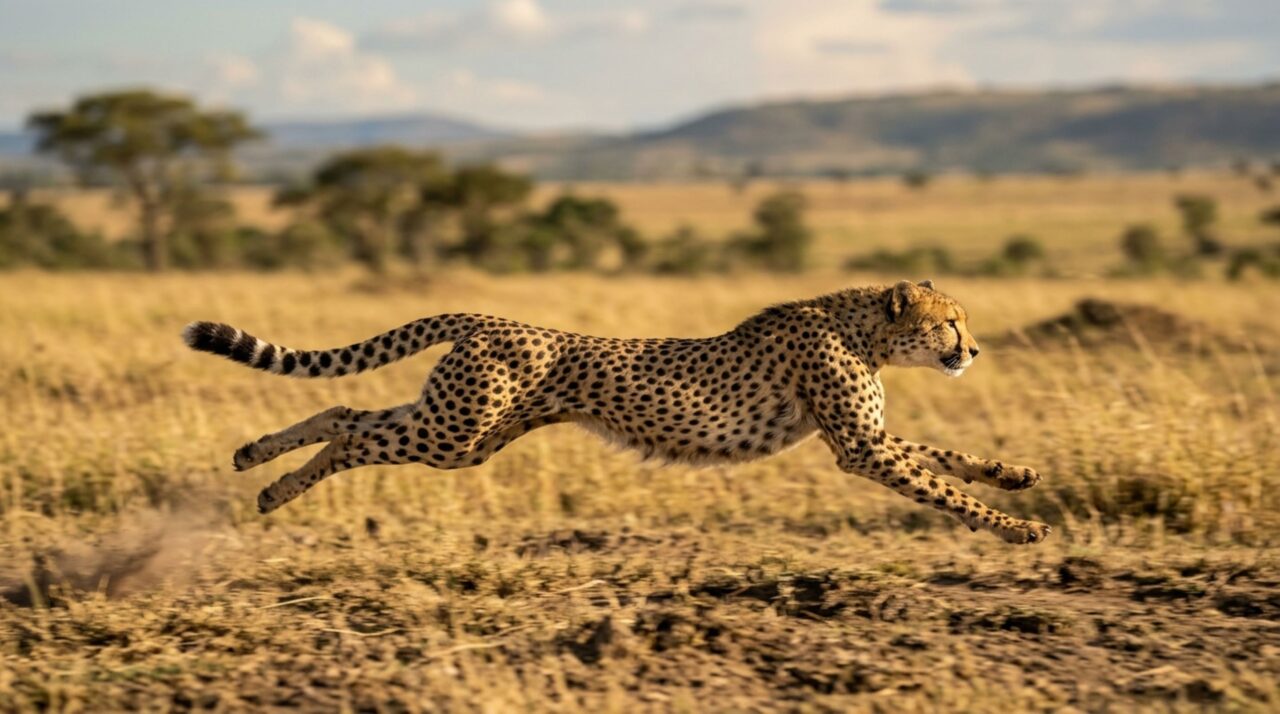 Guepardo sai do zero a cerca de 72 km/h em apenas 2,5 segundos, dá passadas de até 7 metros e consegue fazer quatro delas em um único segundo