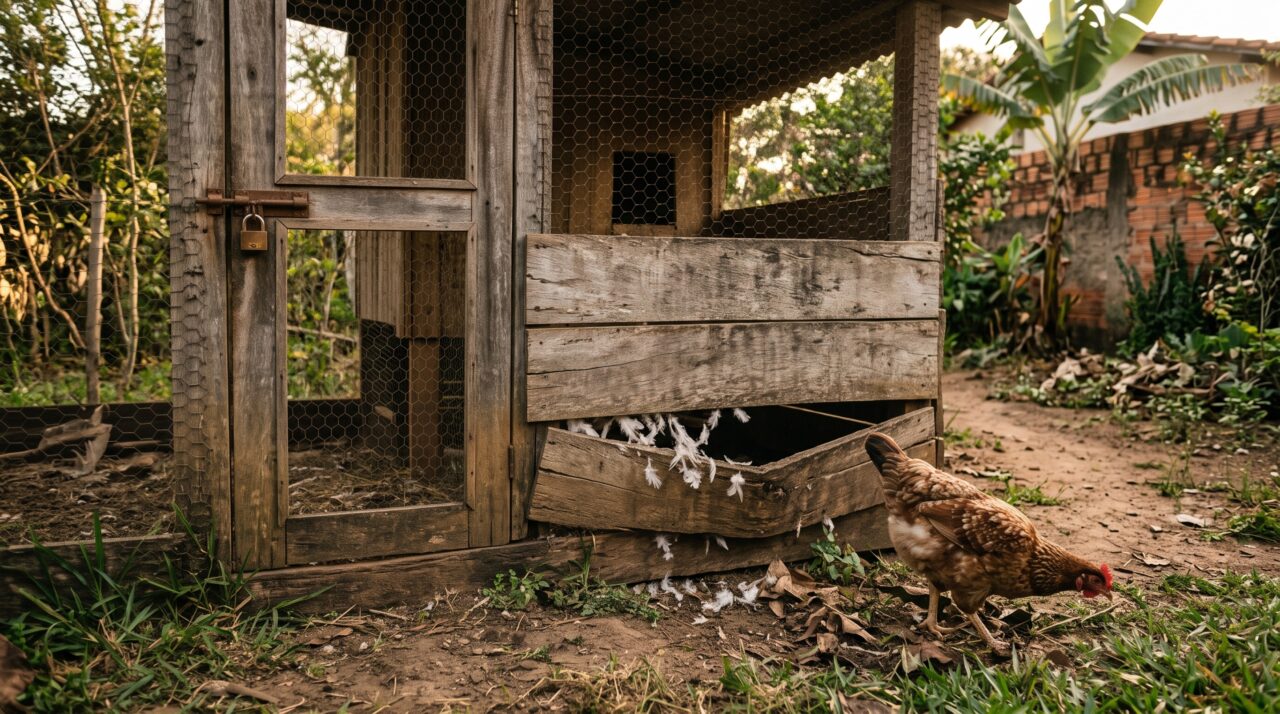 Criador percebe que as galinhas começaram a aparecer fora do galinheiro antes do nascer do sol, fecha todas as entradas por três noites e descobre que uma raposa empurrava uma tábua solta no fundo do cercado para alcançar os ninhos