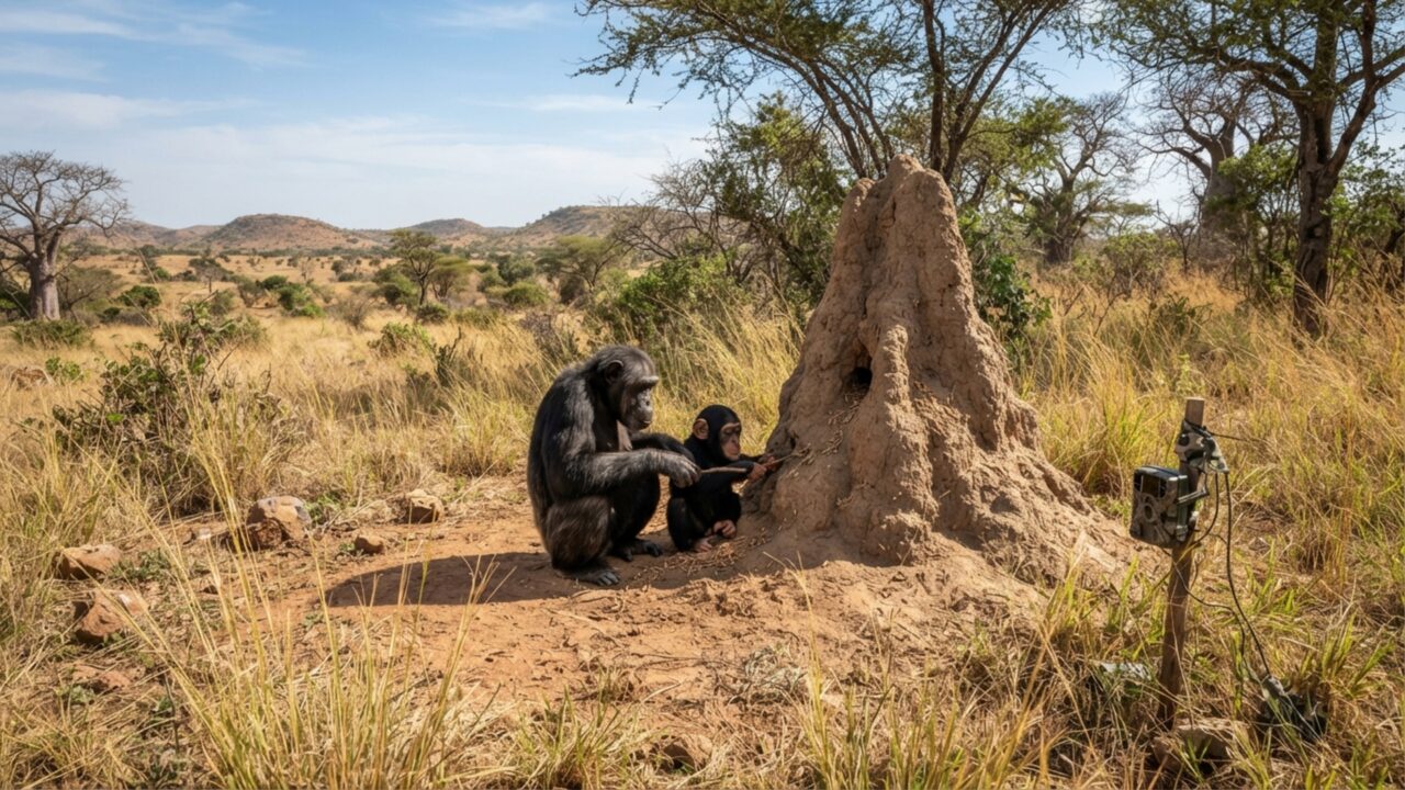 Uma mãe entregou o graveto e ficou olhando: chimpanzés selvagens ensinam filhotes a usar ferramentas para conseguir comida