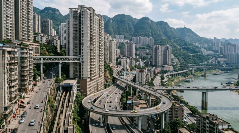 Em Chongqing, o relevo montanhoso faz ruas e edifícios funcionarem em diferentes níveis de altura