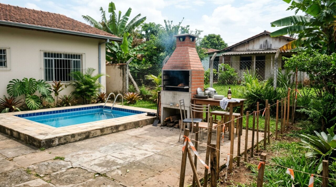 Mulher compra casa com quintal grande, constrói piscina e área de churrasqueira avaliadas em R$ 10 mil, ao finalizar, vizinho bate a porta e informa que uma faixa do jardim pertence a ele