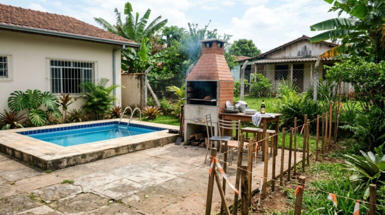 Mulher compra casa com quintal grande, constrói piscina e área de churrasqueira avaliadas em R$ 10 mil, ao finalizar, vizinho bate a porta e informa que uma faixa do jardim pertence a ele