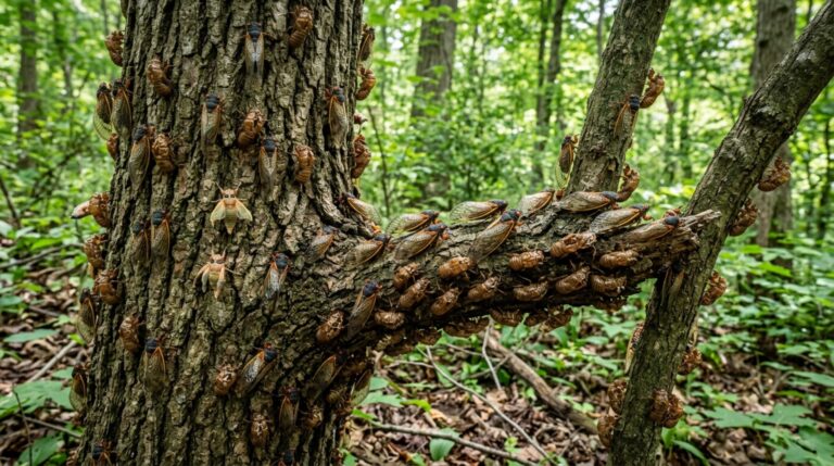 Cigarras periódicas emergindo em grande número após anos no subsolo