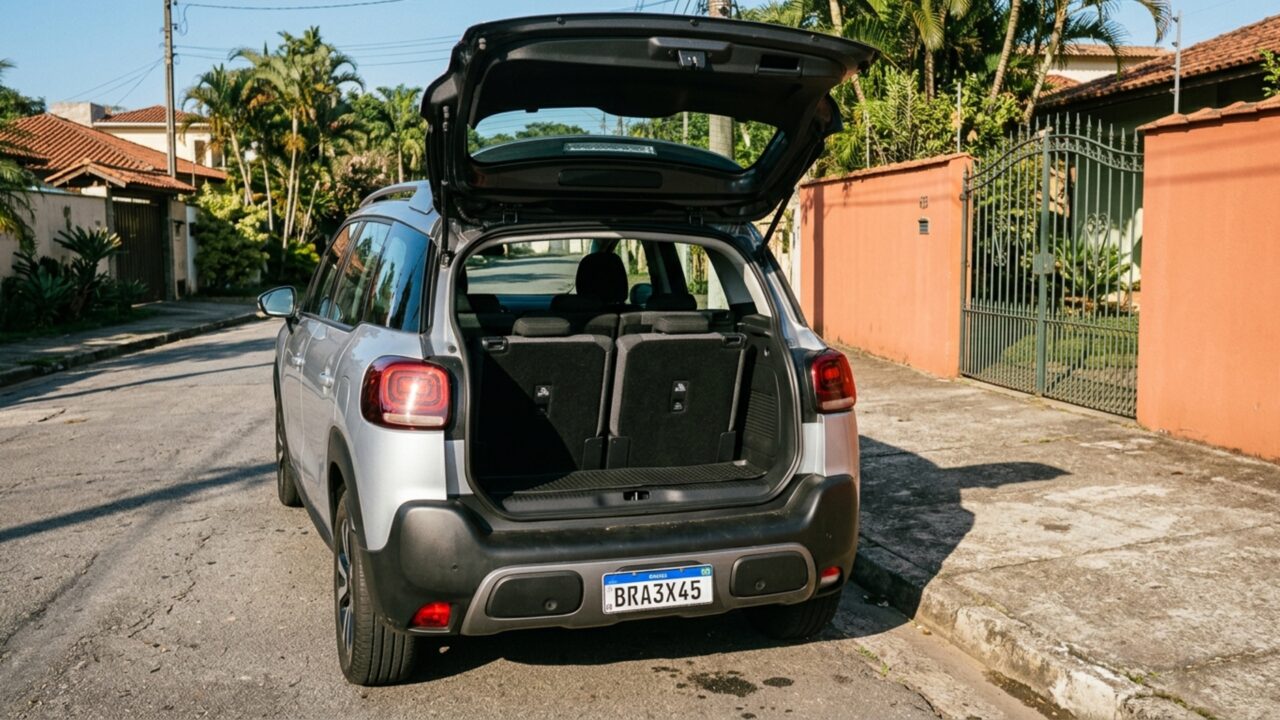 A terceira fileira leva a capacidade a 7 ocupantes, mas pode sair completamente para liberar 493 litros de porta-malas neste SUV de motor 1.0 turbo de 130 cv