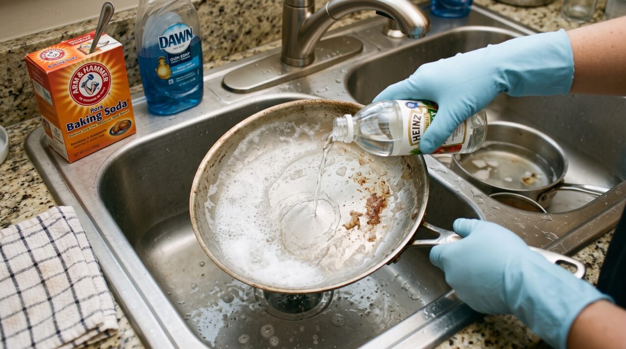 Esfregar bicarbonato umedecido com vinagre nas panelas antigas: por que essa combinação simples deixa o inox brilhando como novo