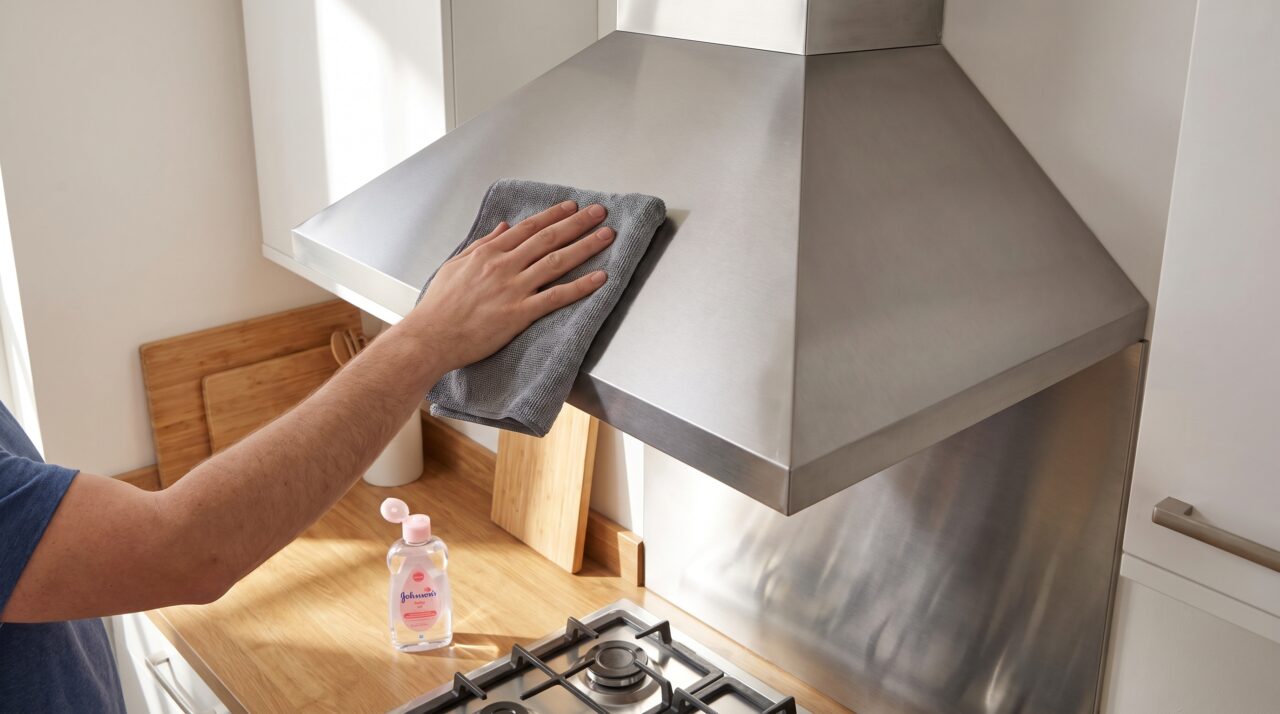 Esfregar óleo de bebê com um pano de microfibra na coifa: por que essa combinação simples deixa o inox brilhando como novo