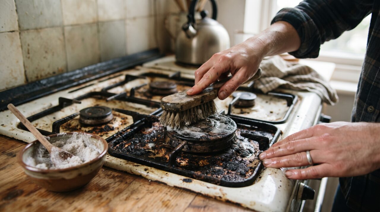 Envolver os queimadores do fogão com plástico filme e pasta de bicarbonato por 20 minutos: o segredo de ouro para remover crostas pretas sem usar força