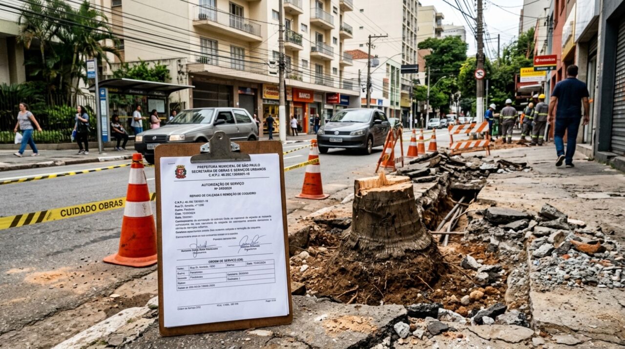 Morador retorna para casa e encontra coqueiro adulto removido durante obra na calçada, ele questiona quem deve pagar pela retirada e substituição