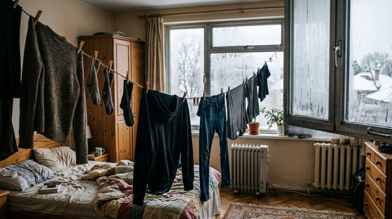 Roupas secando em um quarto fechado aumentam a umidade e favorecem a condensação