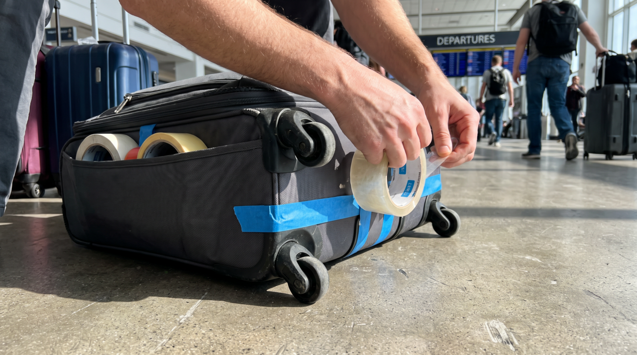 Colar fita adesiva nas rodas da mala Cada vez mais viajantes estão fazem isso