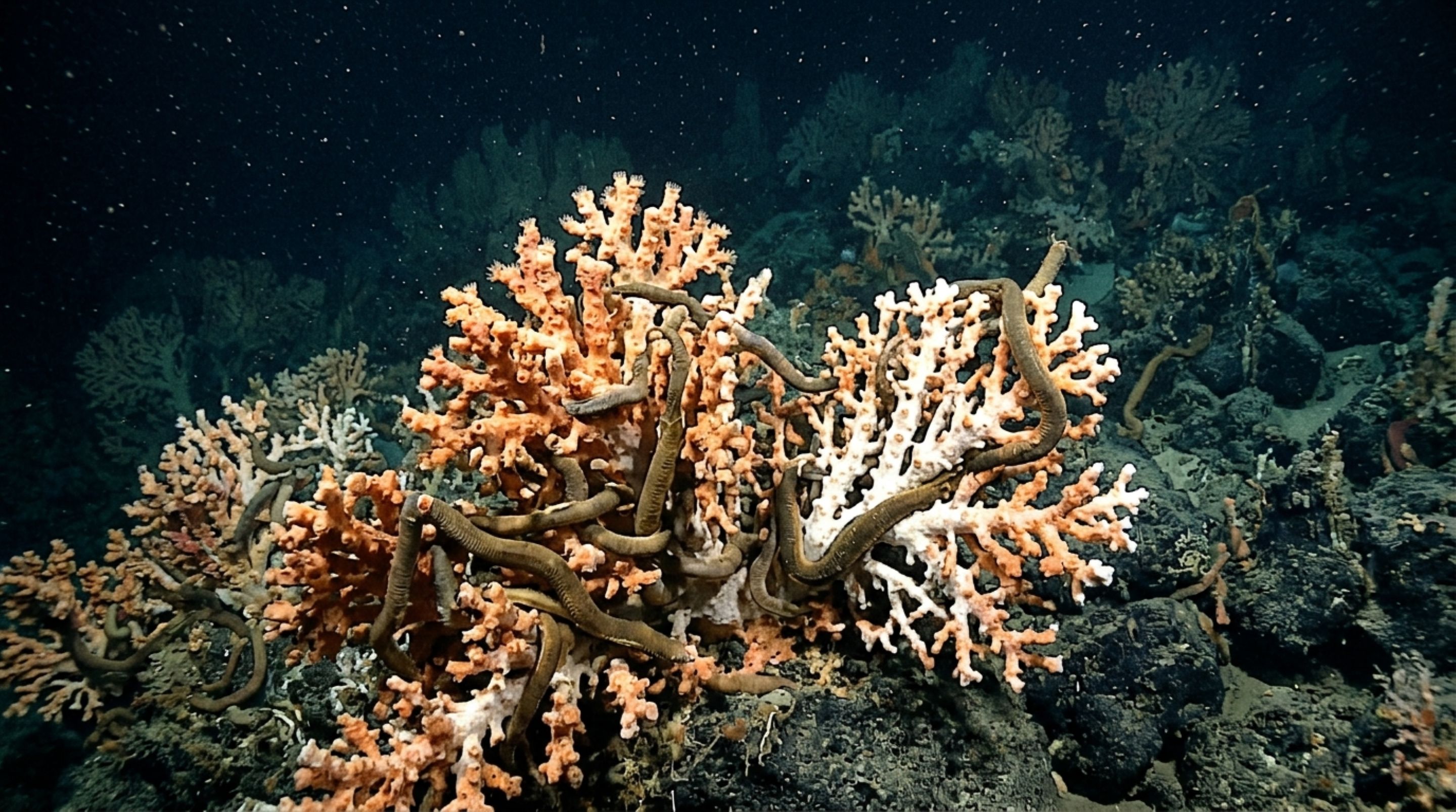 Um coral cresce por cima do túnel de um verme e os dois acabam construindo juntos uma estrutura no fundo do mar