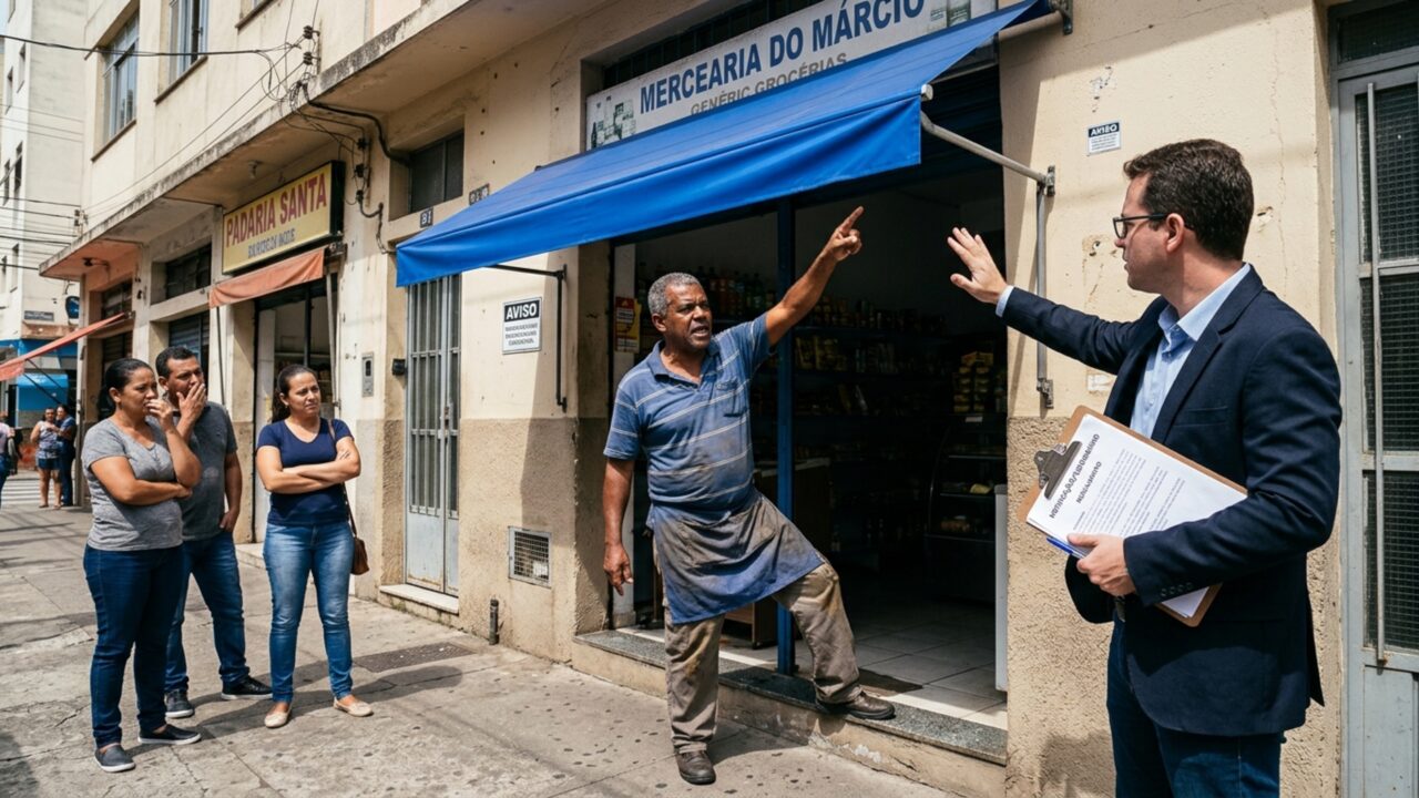 Pequeno comerciante instala toldo para proteger entrada da loja da chuva e condomínio comercial exige retirada depois de outros lojistas reclamarem da mudança na fachada