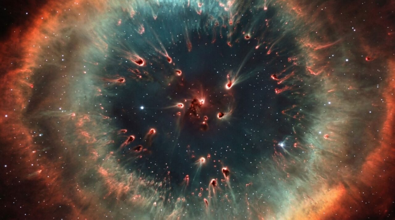 Em detalhe, os nós cometários mostram cabeças densas e caudas alongadas esculpidas pela interação entre gás quente e material mais frio dentro da nebulosa