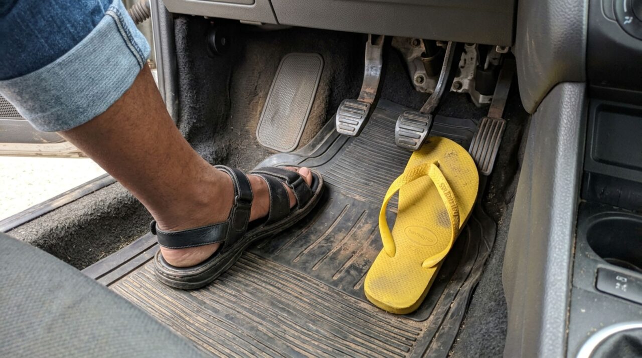Motorista é parado em blitz usando sandália presa ao calcanhar, acredita que todo calçado aberto dá multa, e fiscalização explica o que realmente importa para os pedais
