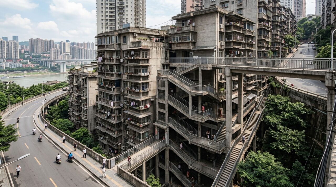Baixiangju mostra como um mesmo edif&iacute;cio pode ter entradas conectadas &agrave; rua em diferentes pavimentos da encosta