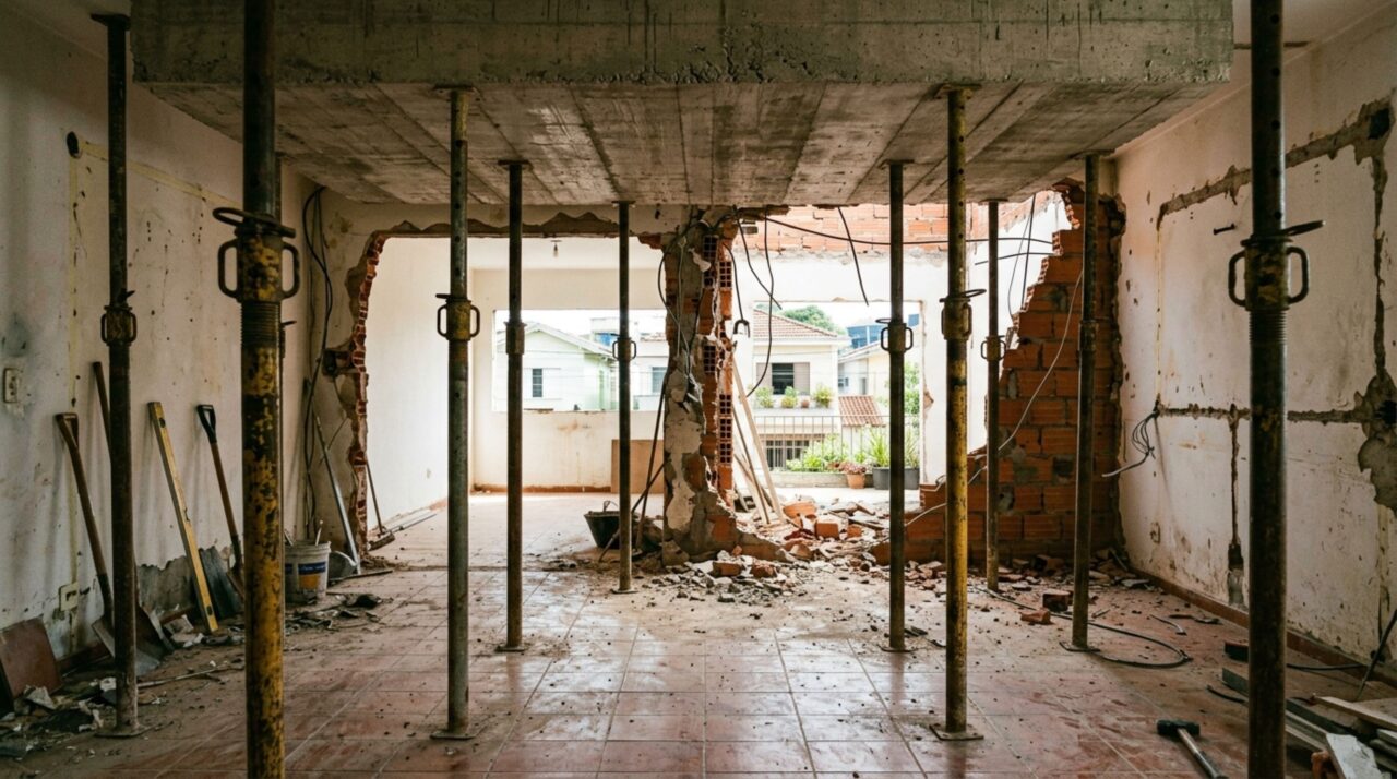 Casal derruba uma parede para integrar a cozinha à sala e, no meio da obra, o engenheiro chamado às pressas avisa que ela era estrutural e sustentava parte da laje