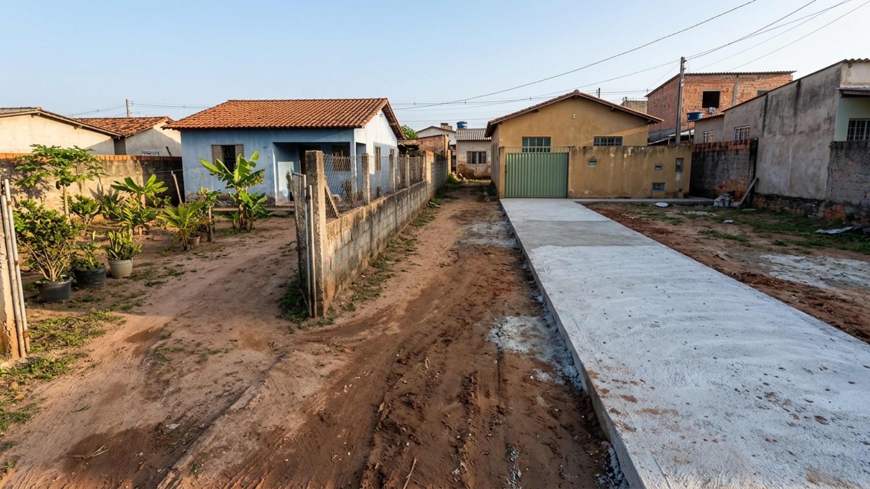 Ao retornar depois de quatro dias fora, proprietário encontra uma faixa de concreto atravessando seu terreno porque vizinho decidiu melhorar o acesso até a garagem