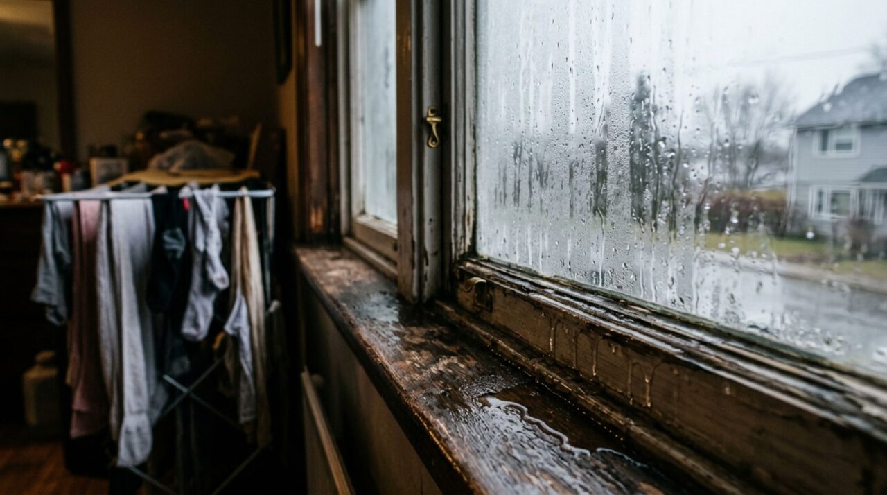 Roupas secando em um quarto pouco ventilado aumentam o vapor disponível para formar condensação na janela