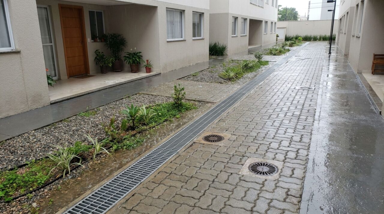 Condomínio pavimenta a área atrás dos blocos para evitar lama, e a primeira chuva forte alaga apartamentos do térreo, moradores exigem indenização pelos danos causados