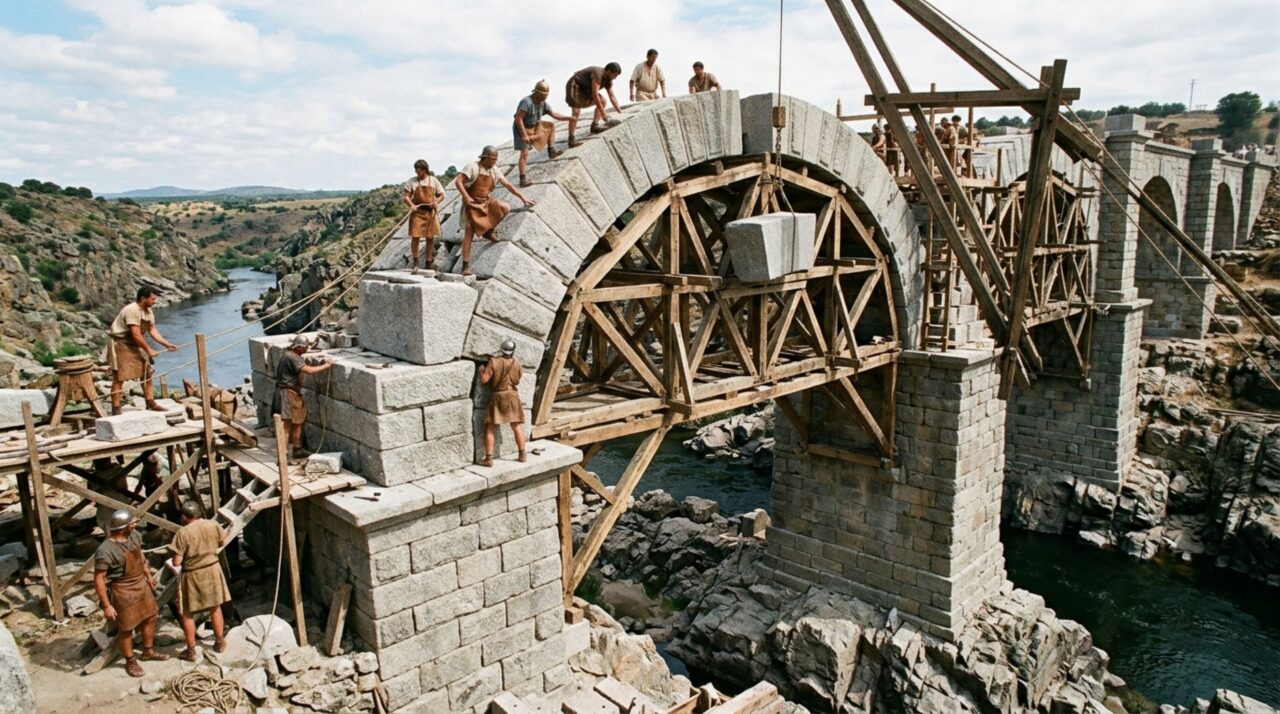 Silhares de granito encaixados a seco formando um dos arcos da ponte