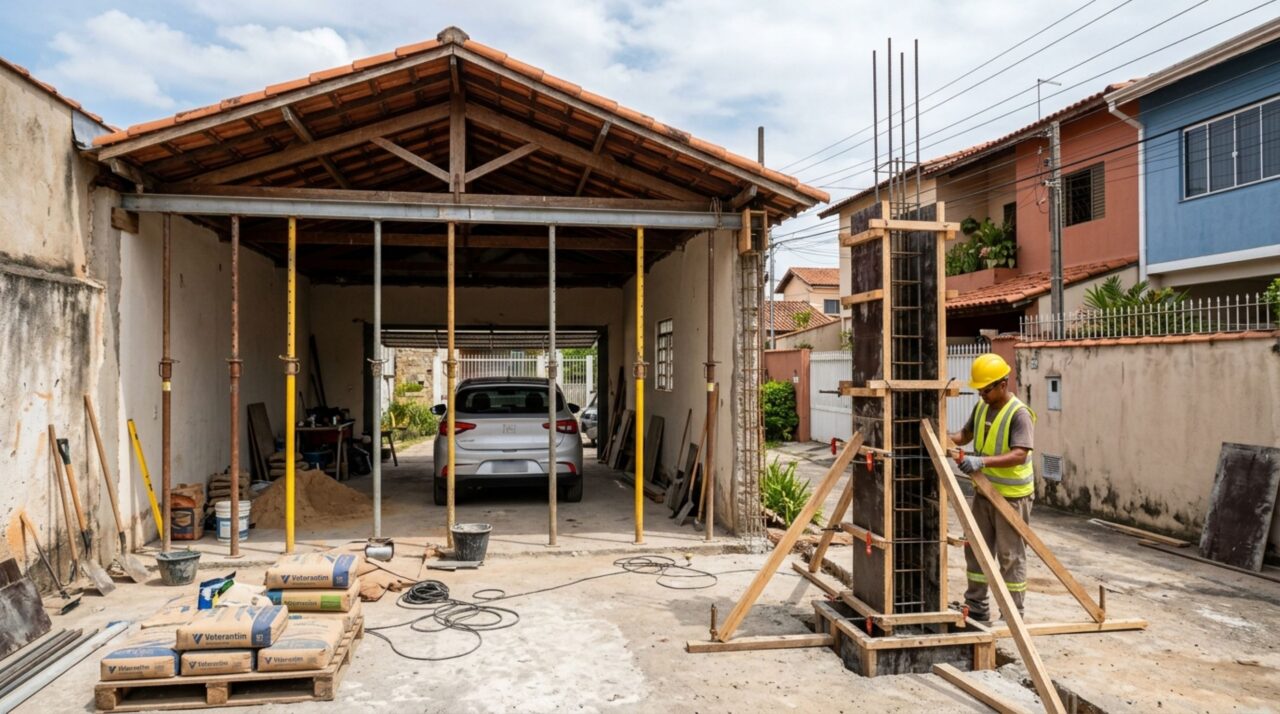 Novo proprietário derruba o portão lateral para ampliar a fachada e descobre que o pilar sustentava a cobertura da garagem do vizinho, danificando a estrutura