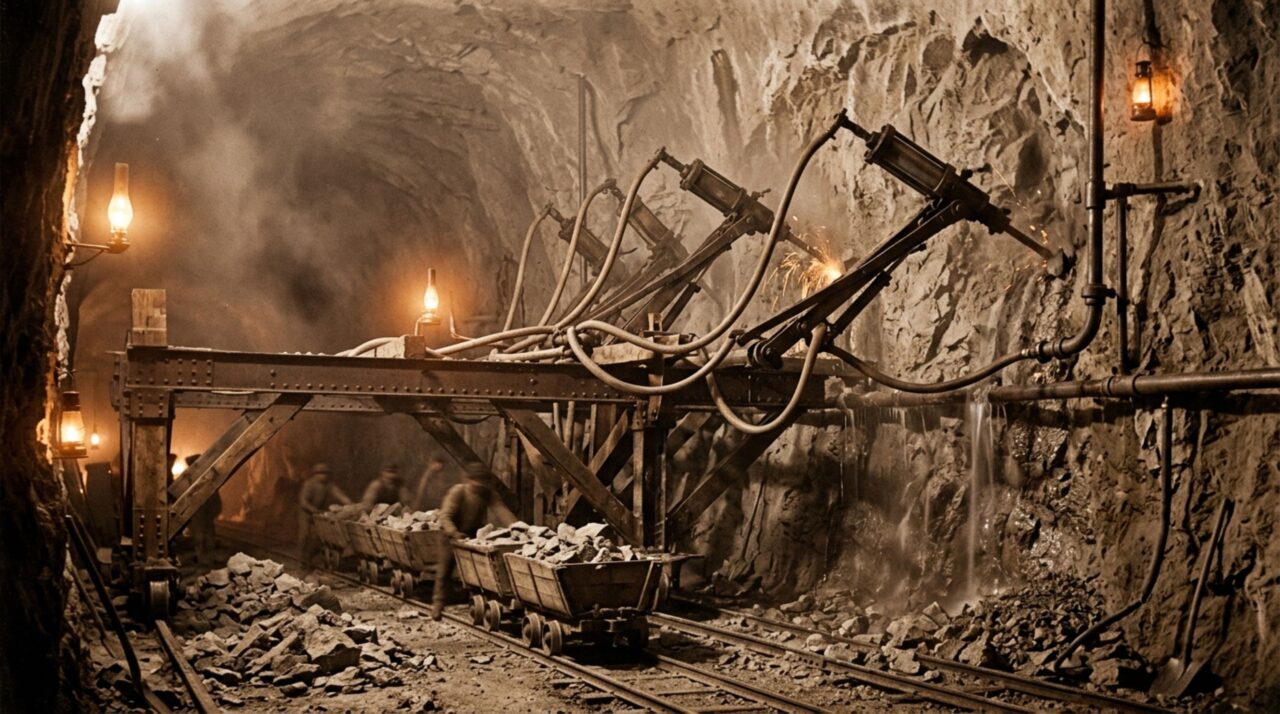 O túnel ferroviário construído atravessando uma montanha no século XIX que exigiu anos de escavação antes da existência das modernas tuneladoras