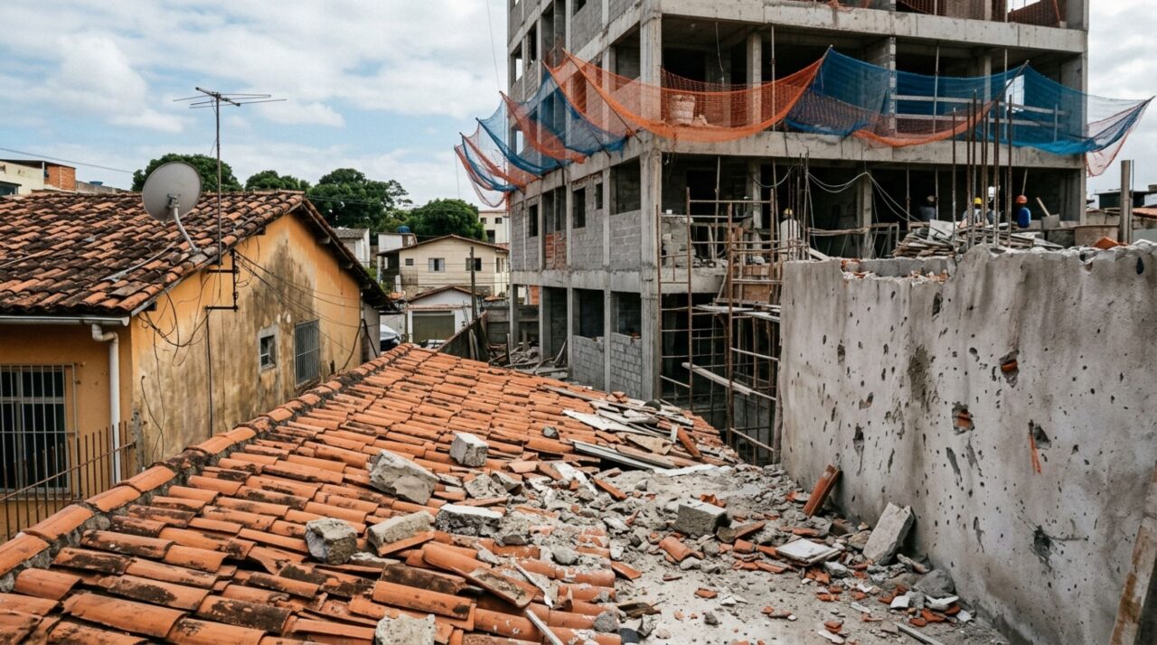 Construção de prédio residencial não segue os padrões de segurança e deixa detritos da obra caírem no telhado e quintal de casa ao lado, moradora pede indenização e reforma completa do telhado e muro